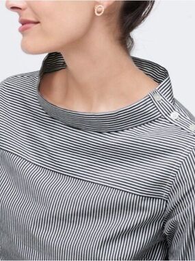 J.Crew Funnelneck Striped Blouse, Mock Neck Button-Shoulder Top in Black & White